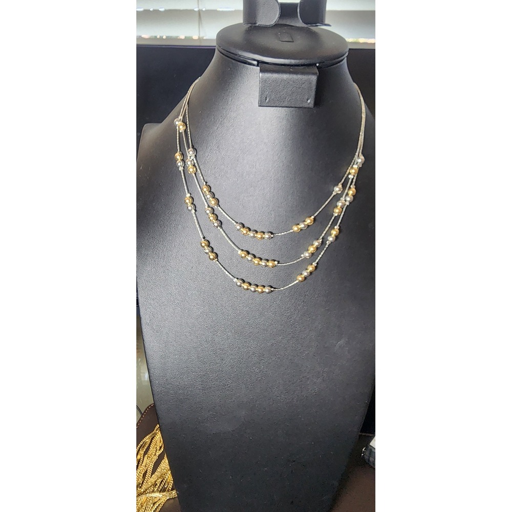 Layered Multi Strand Mixed Metal Gold Silver Tone Beaded Necklace Adjustable